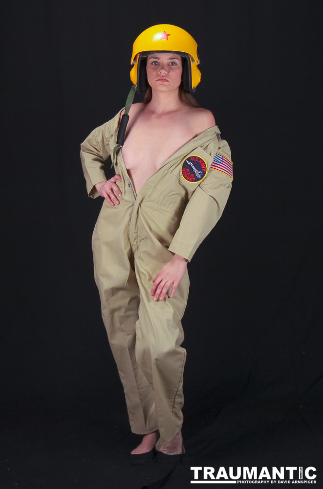 Lindsey was visiting and wanted to shoot, and I had an idea for a pinup based on a pilot's helmet I had recently been given.  So we went to a local military surplus and whipped up a pilot costume and did this shoot.